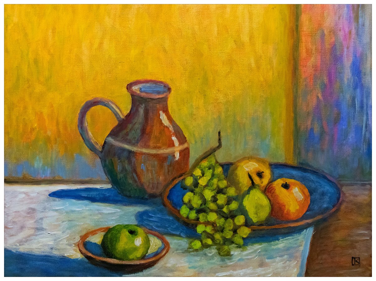 Nature morte avec poire, raisins, pommes et pichet