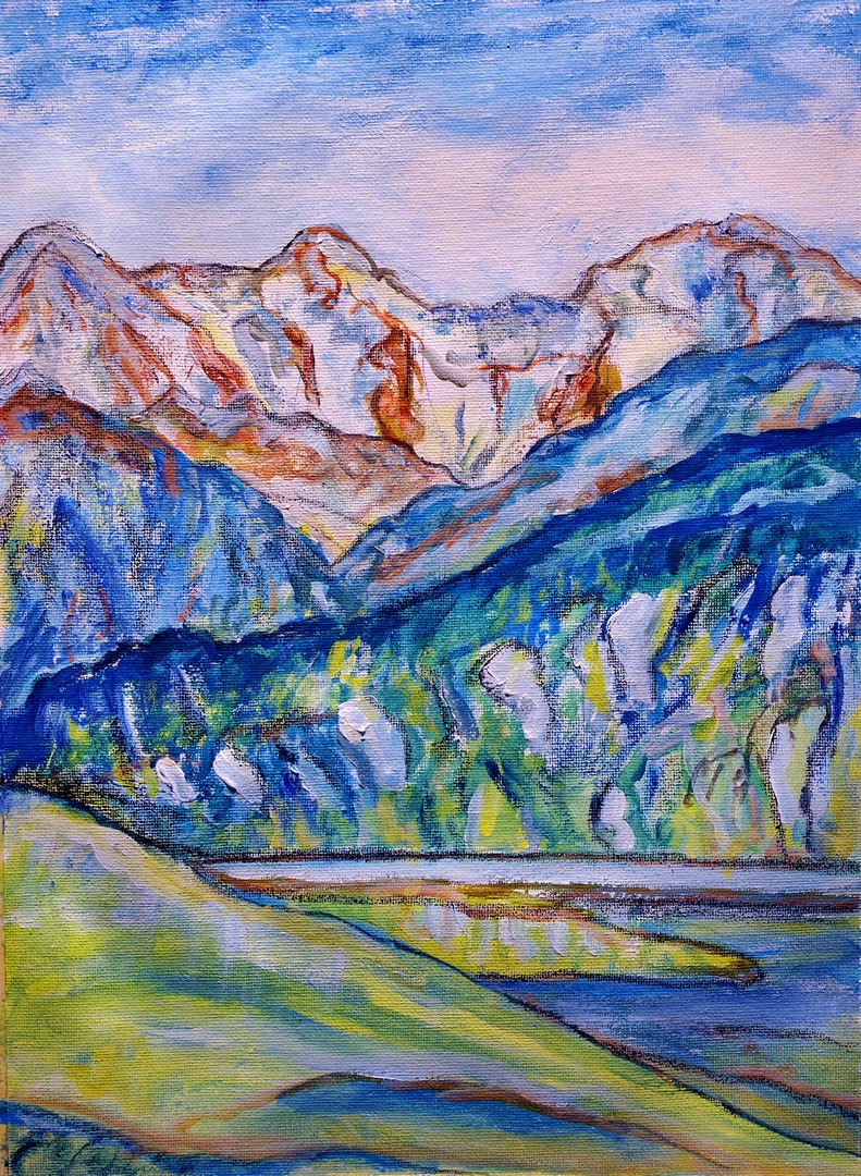 Les cathédrales de lumière - Clin d’œil à Ferdinand Hodler, gouache sur papier toilé, 26 x 36, réf. CS10226
