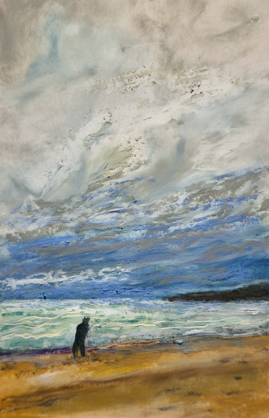 Vieil homme marchant sur la plage - Pastels à l'huile, 10 x 16, réf. CS15526
