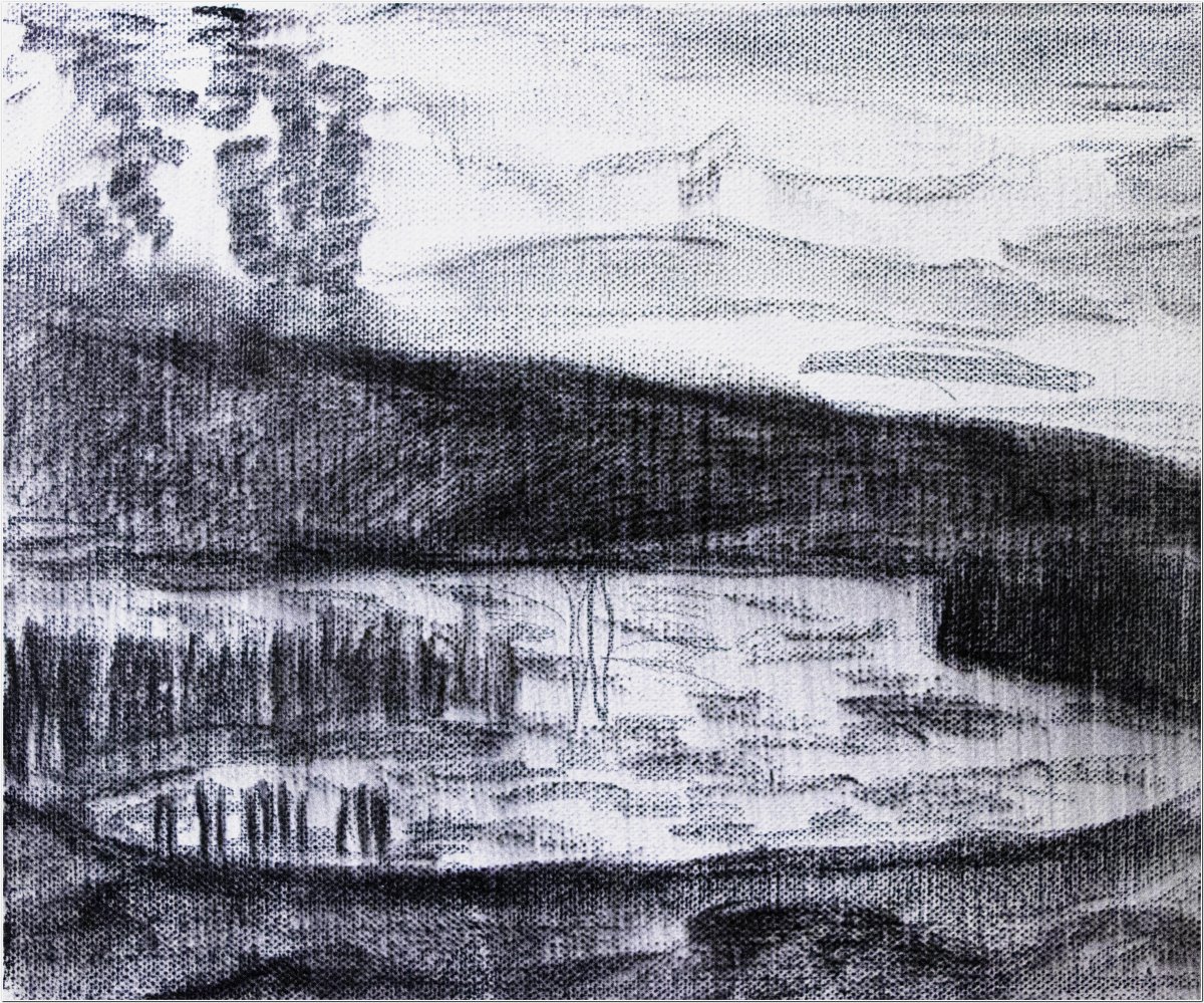 Bord du lac de Bienne à la nuit tombante - Esquisse au fusain