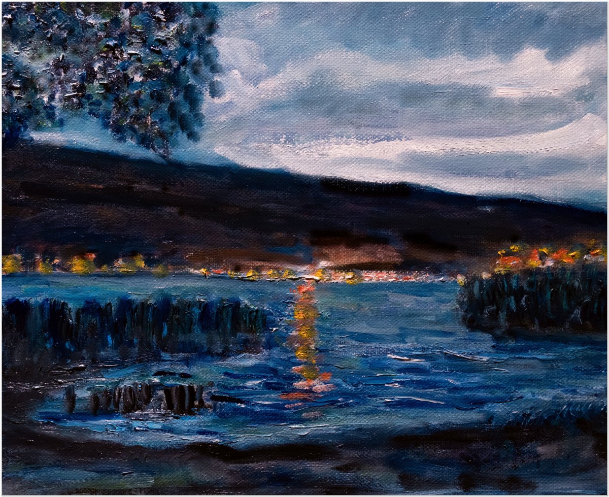 Bord du lac de Bienne à la nuit tombante - Huile