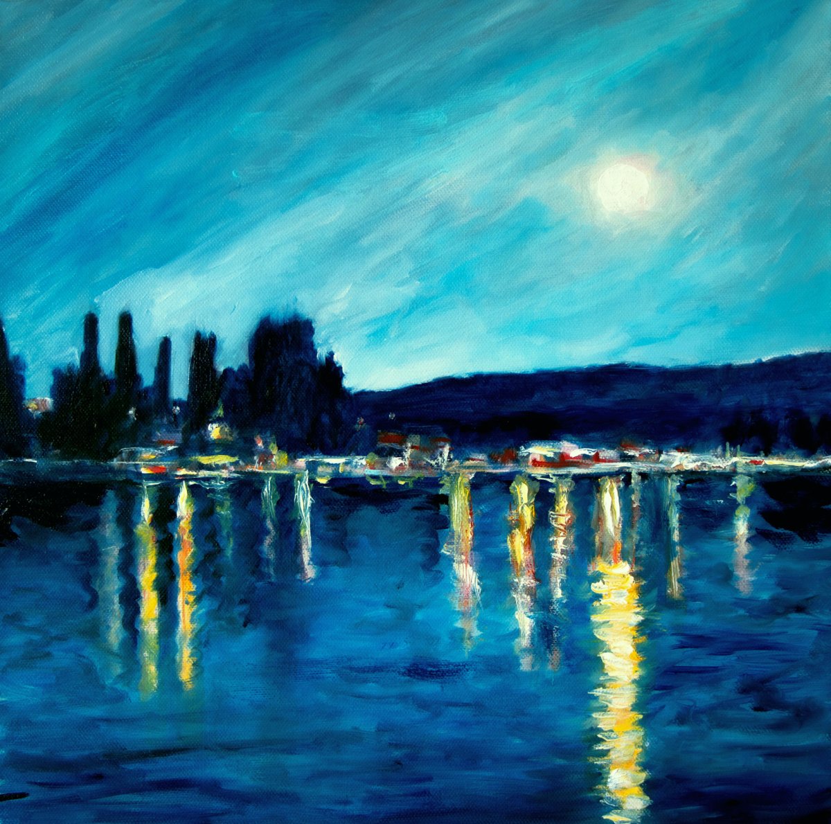 La nuit est tombée sur le petit port de Bienne