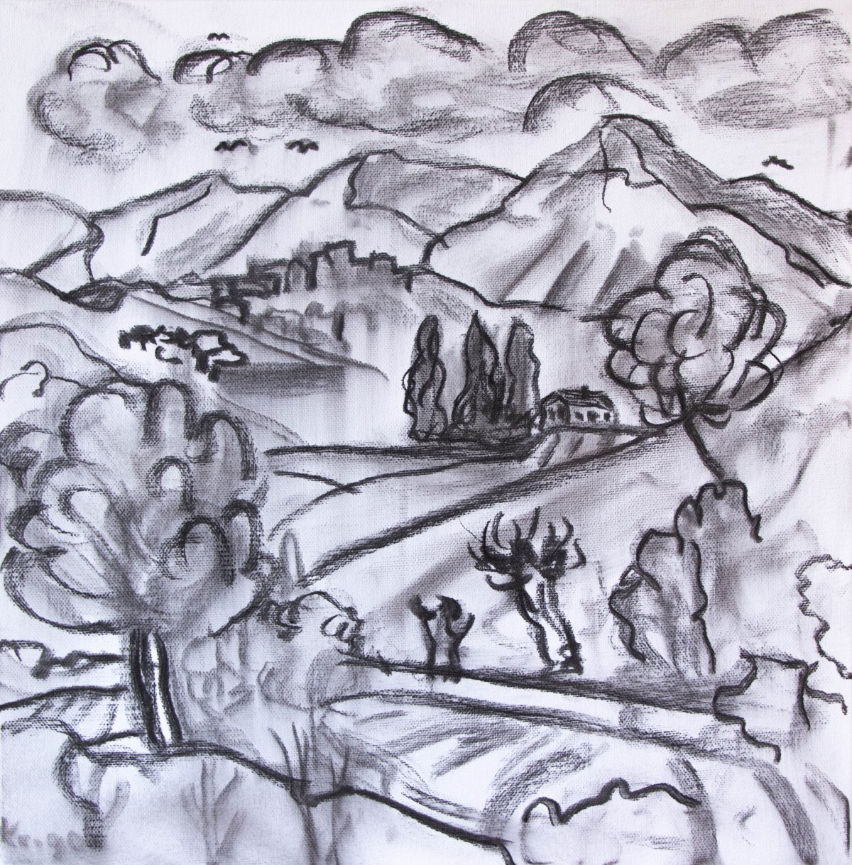 Esquisse au fusain pour Paysage imaginaire