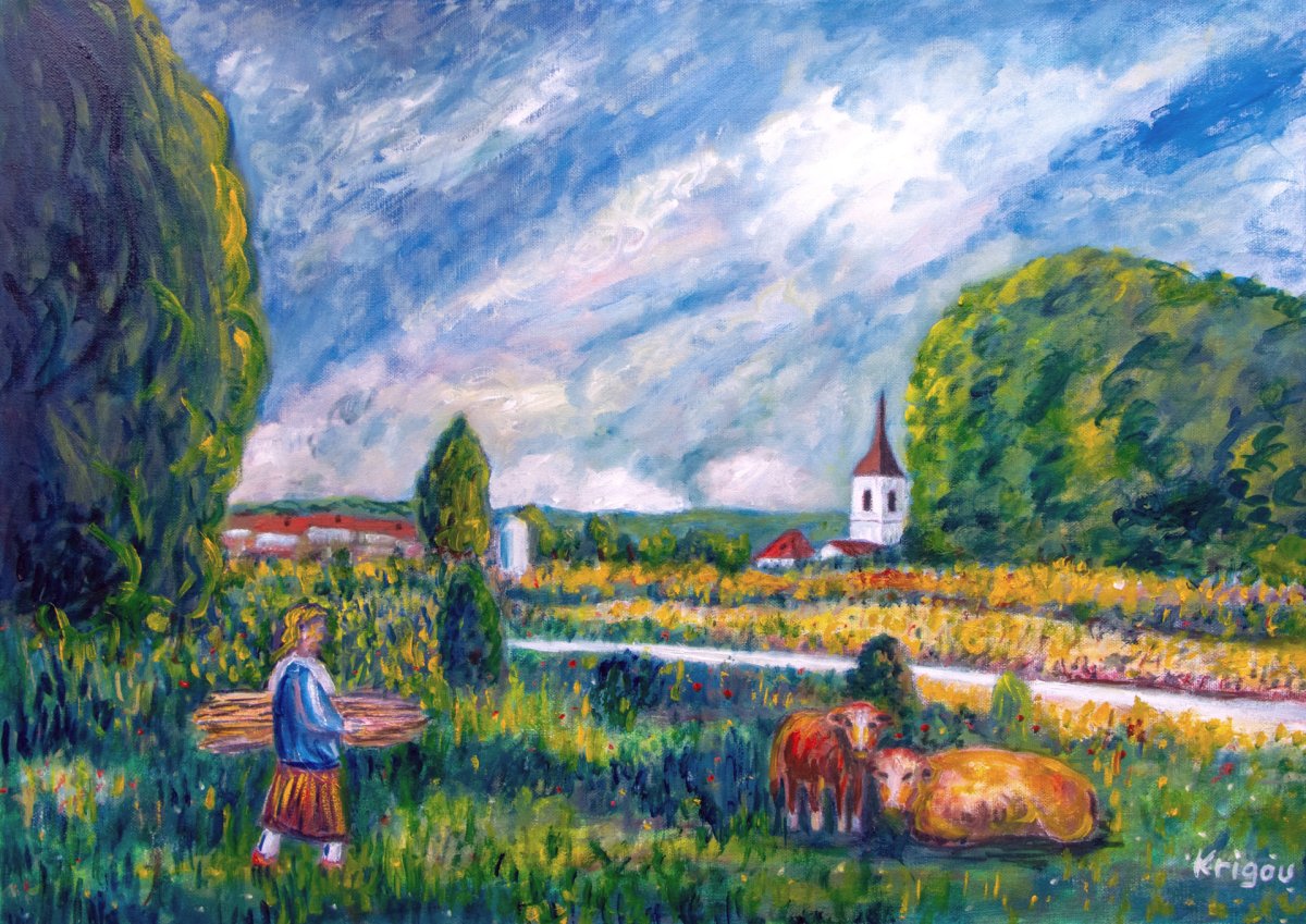 Paysanne ramassant du bois