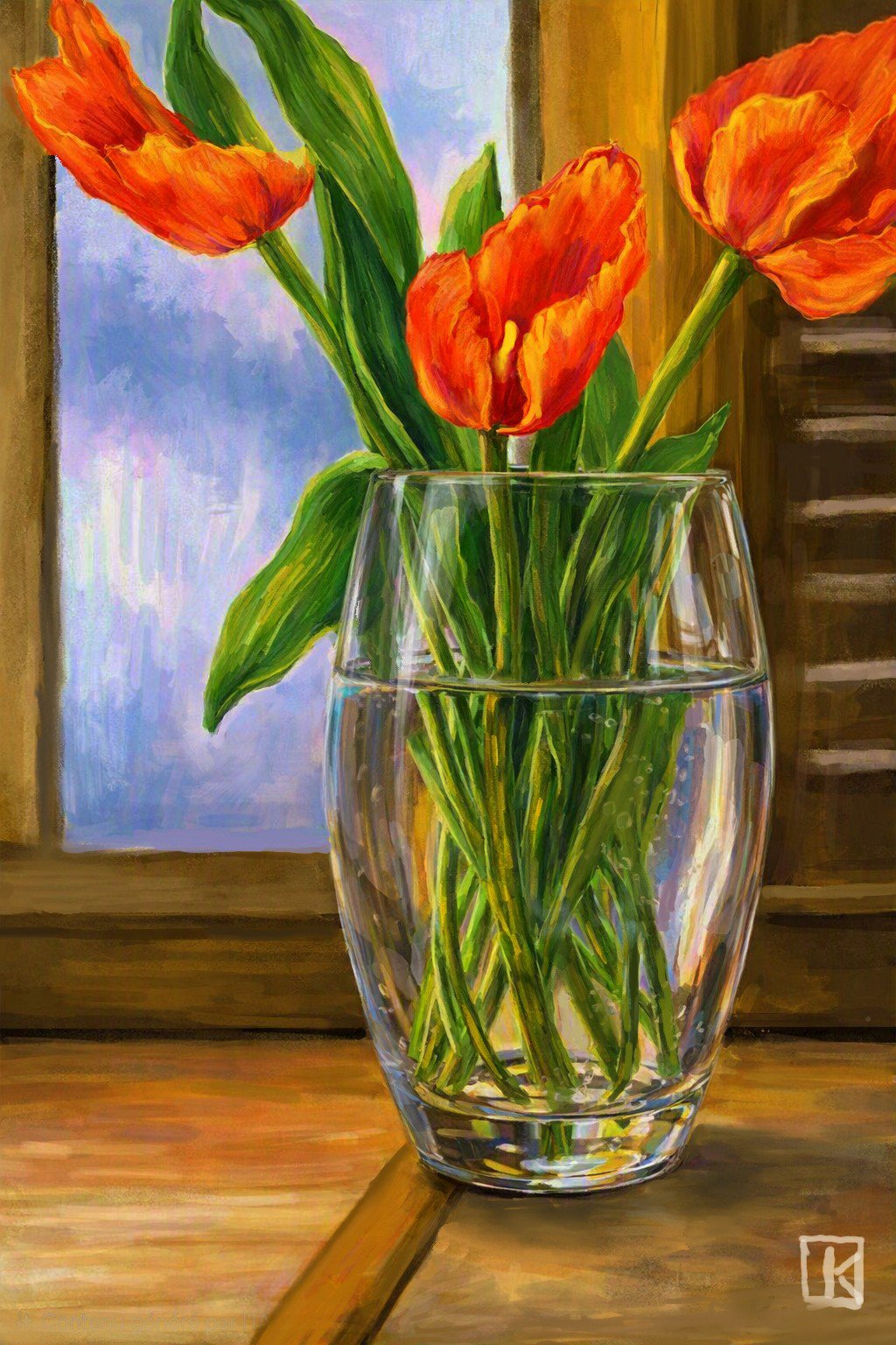 Vase de tulipes en déséquilibre sur une latte de bois 