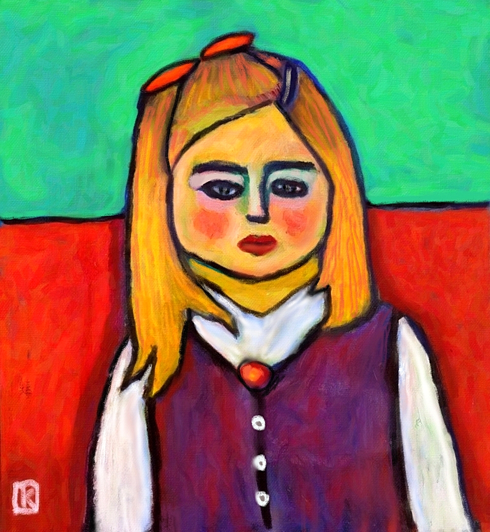 La fillette sur fond rouge et vert