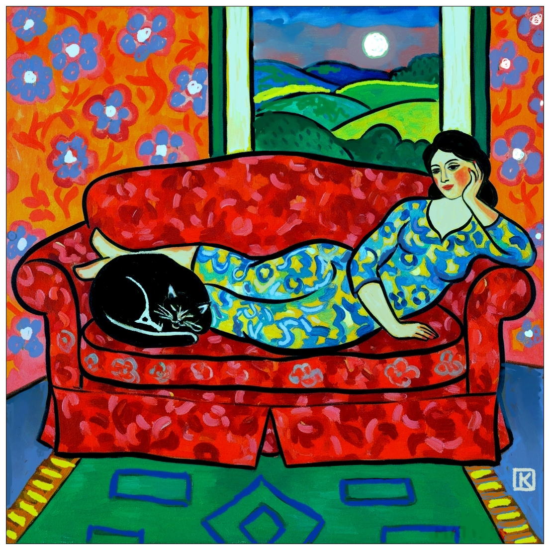 Femme et chat noir sur le divan
