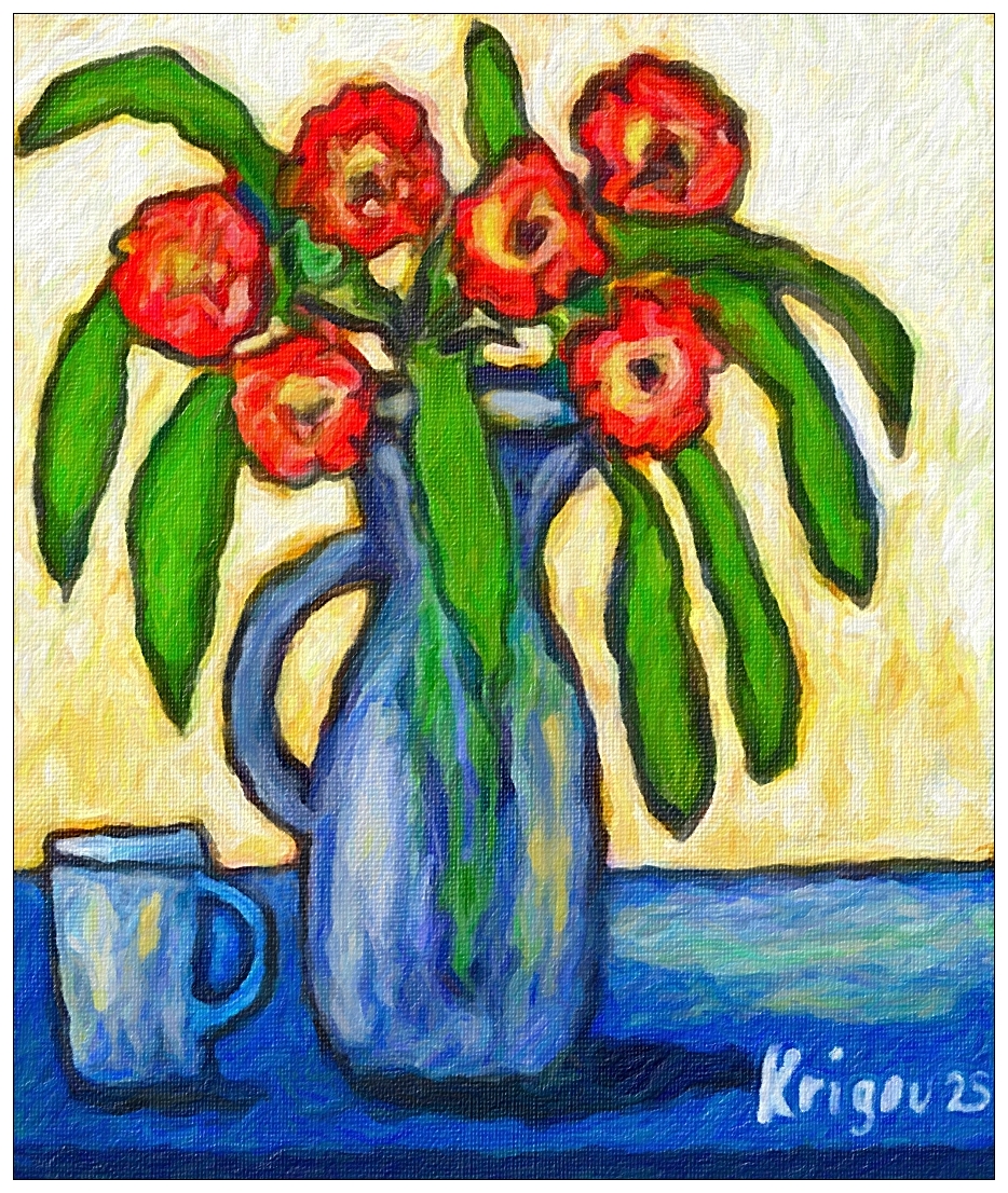 Fleurs rouges posées dans un vase bleu 