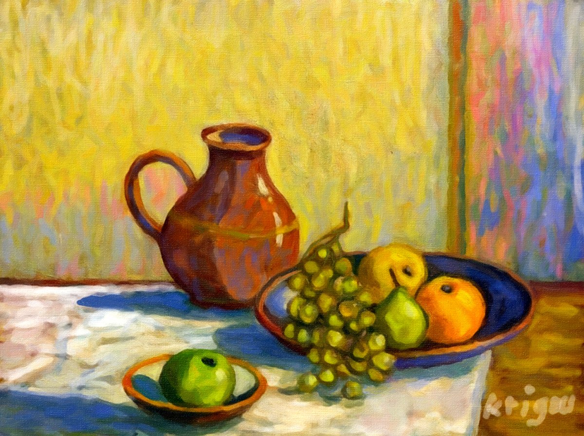 Nature morte avec poire, raisins, pommes et pichet