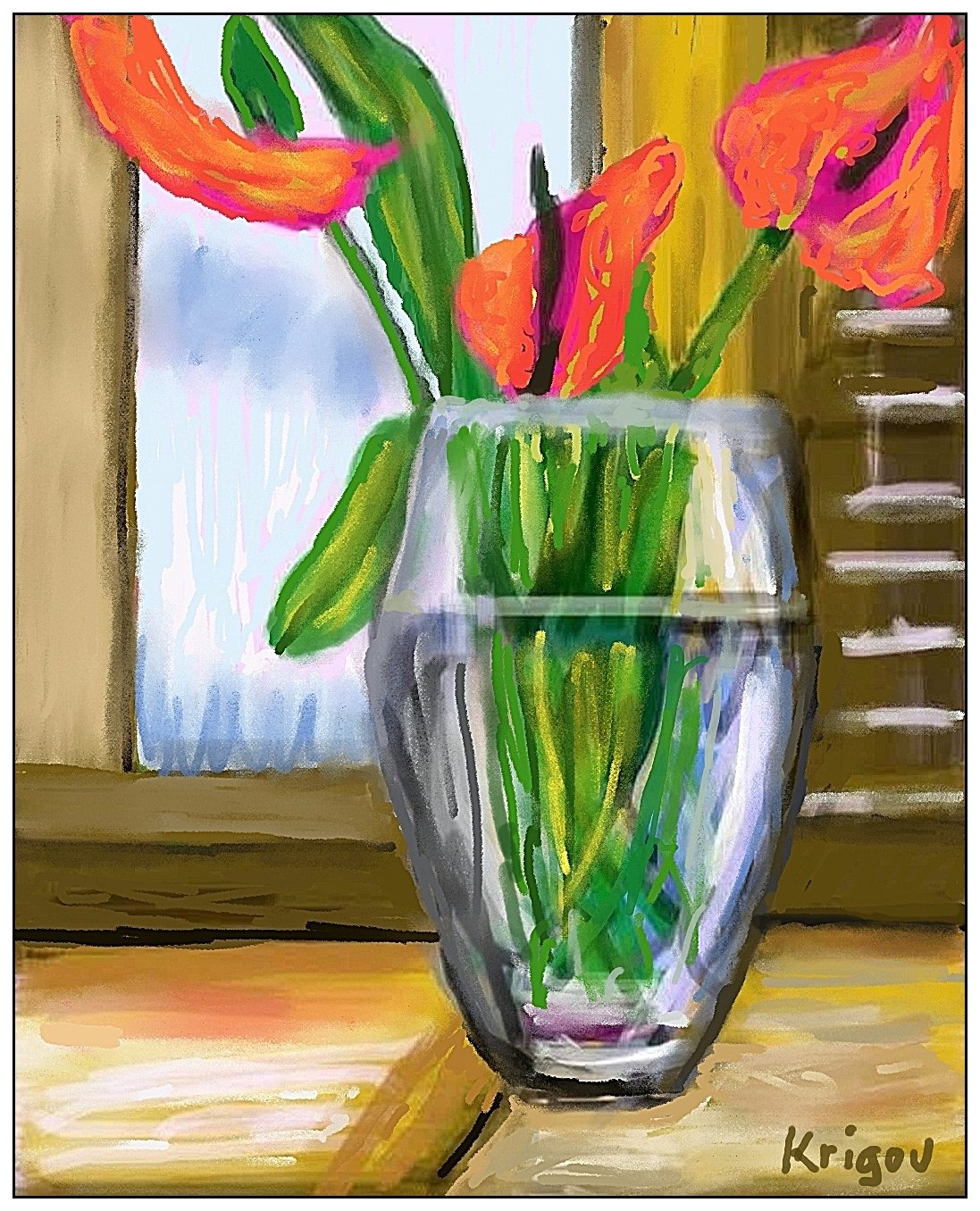 Fleurs dans un vase transparent devant une fenêtre 