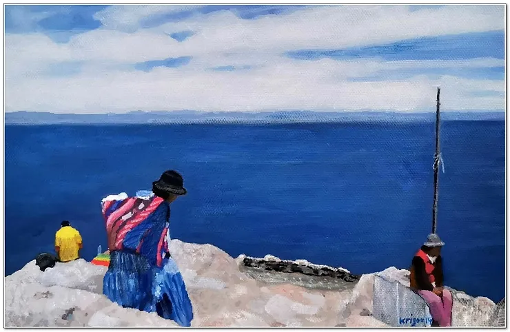 Au sommet du Calvario - Copacabana, Bolivia - huile sur papier toilée