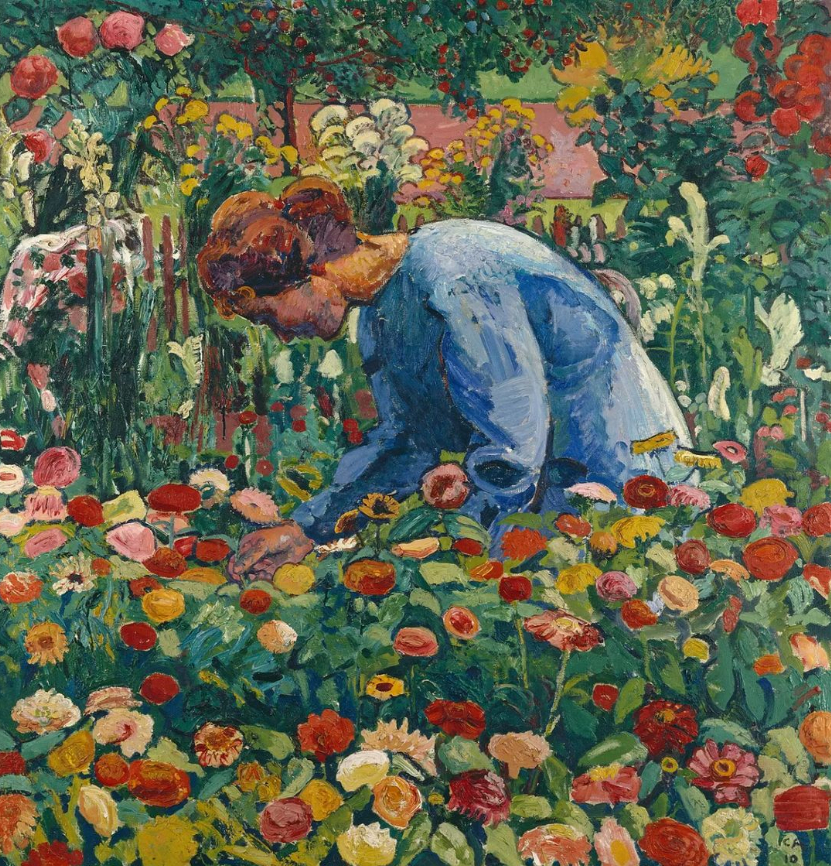 Anna Amiet dans le jardin de fleurs, 1910