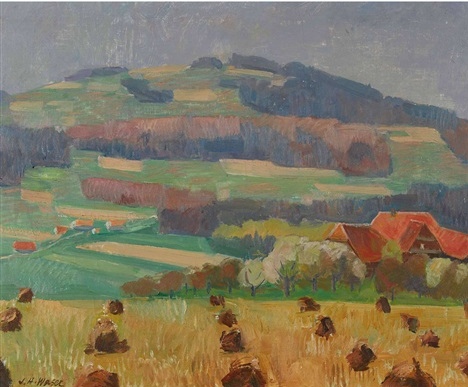 Paysage de champs avec grange - Huile sur toile 59 x 72 cm