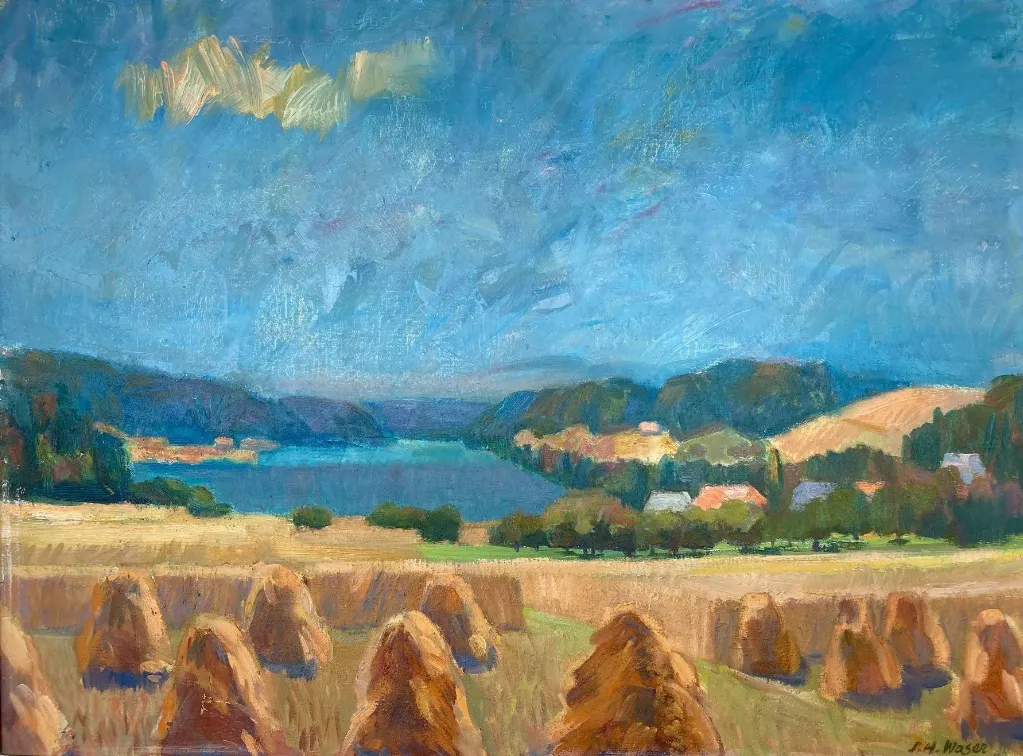 Peinture à l'huile expressive d'un paysage suisse avec des blés et une vue sur un hameau et un lac.  Taille sans cadre, L 105 x H 75