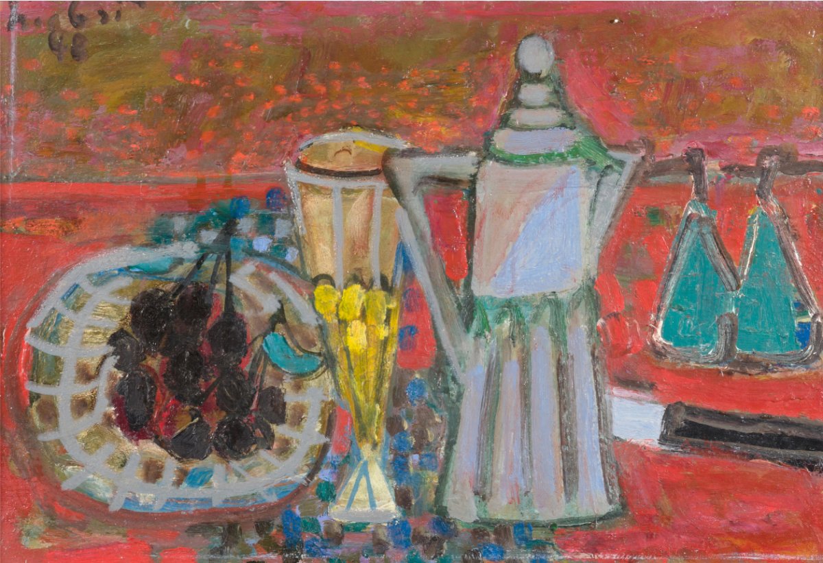 Nature morte aux cerises, pichet et verre, 1948
