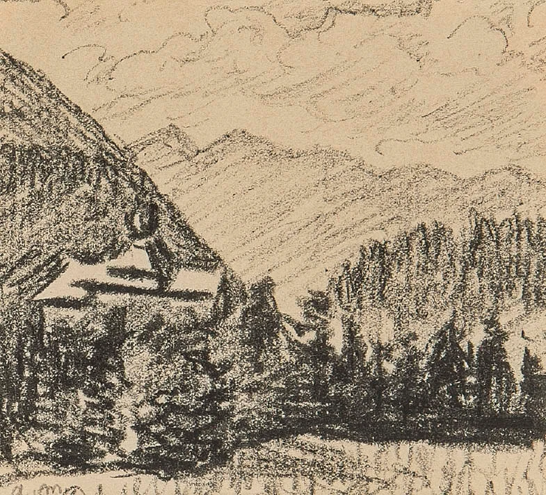 Esquisse avec sapins, probablement dans les Grisons