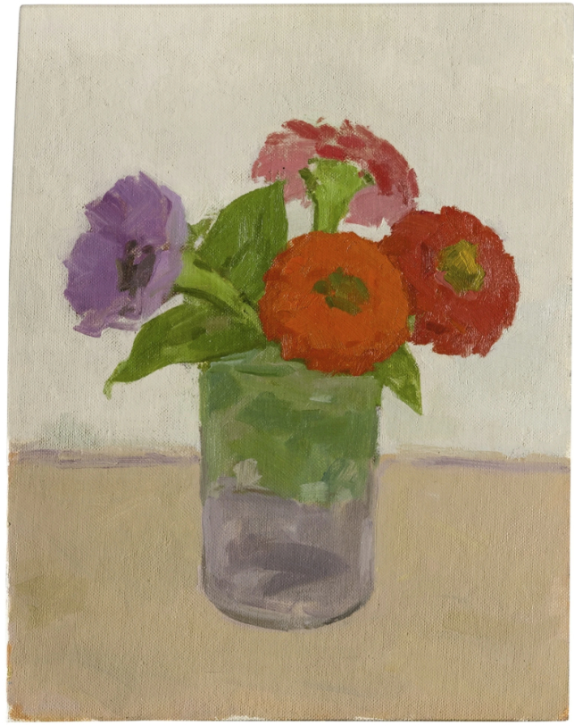 Anémone pourpre et zinnias dans un bocal en verre, 1987