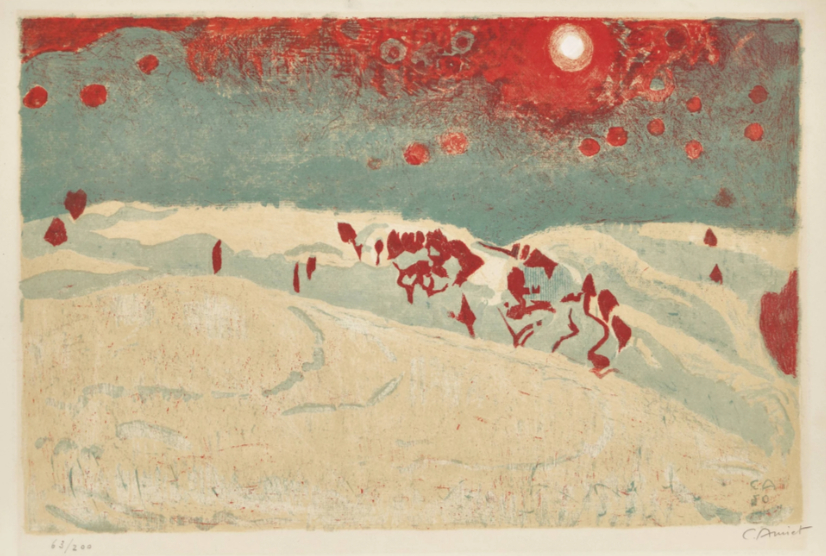 Coucher de soleil dans un paysage de neige,1950