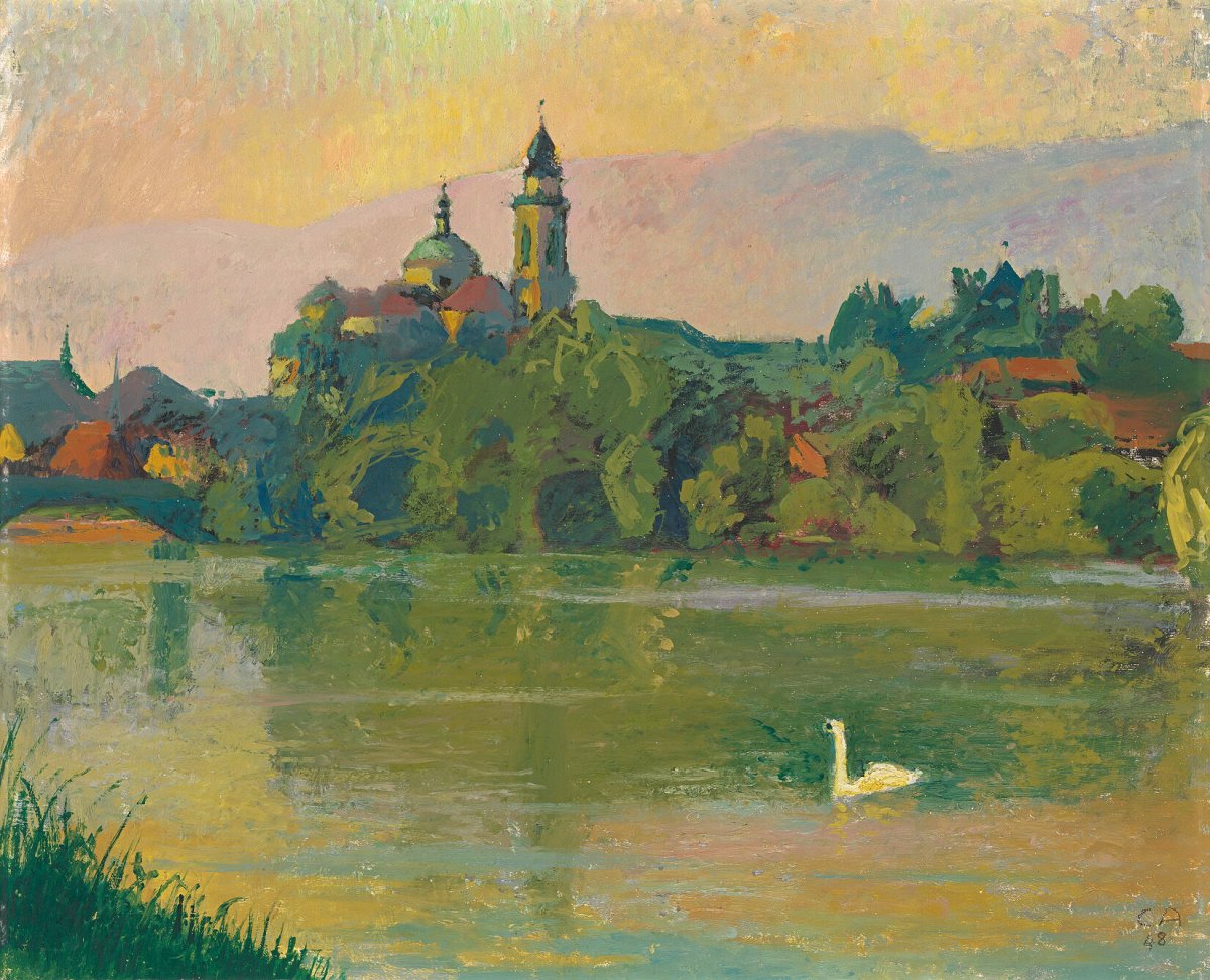 L'Aar près de Soleure avec vue sur la cathédrale St-Ursanne, 1948