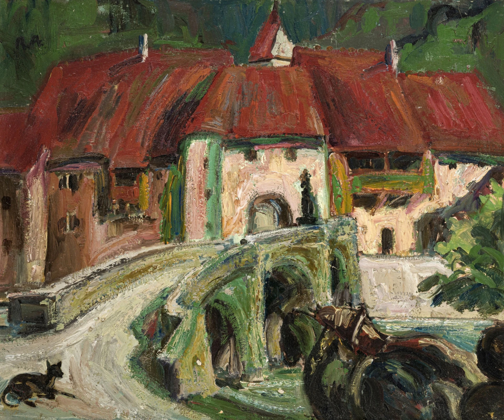 Maison de campagne, chien et cheval de trait