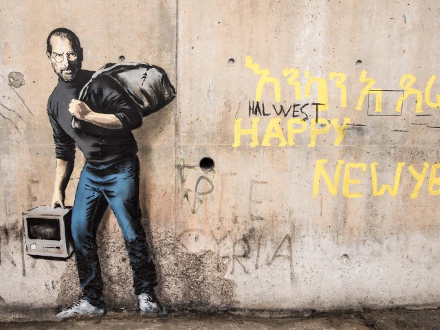 Steve Jobs vu par Banksy, dans le camp de Calais, décembre 2015