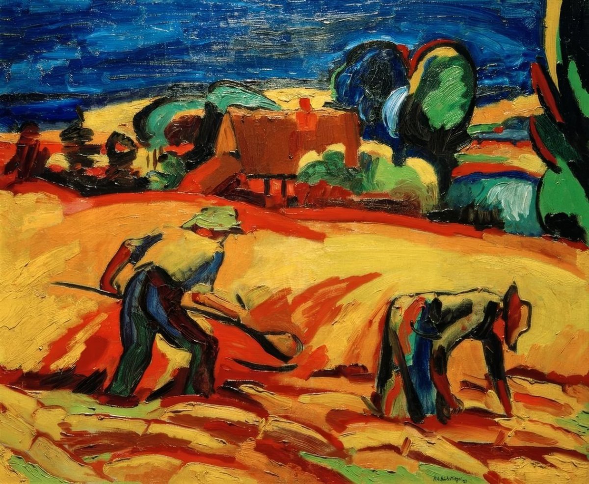 Mes parents en train de récolter le blé devant la maison, 1921