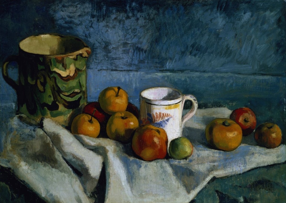 Nature morte aux pommes, coupe et pichet 