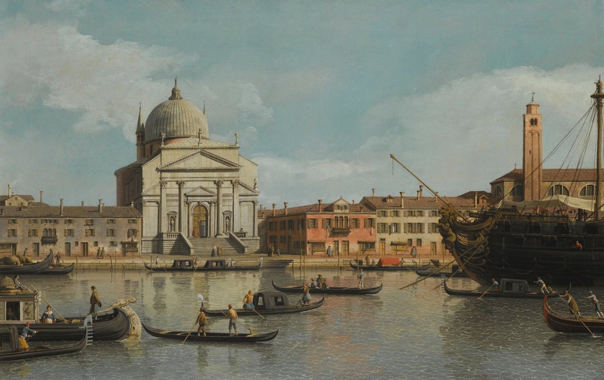 Venise, vue des églises du Redentore et de San Giacomo, avec un homme de guerre amarré, des gondoles et des barges