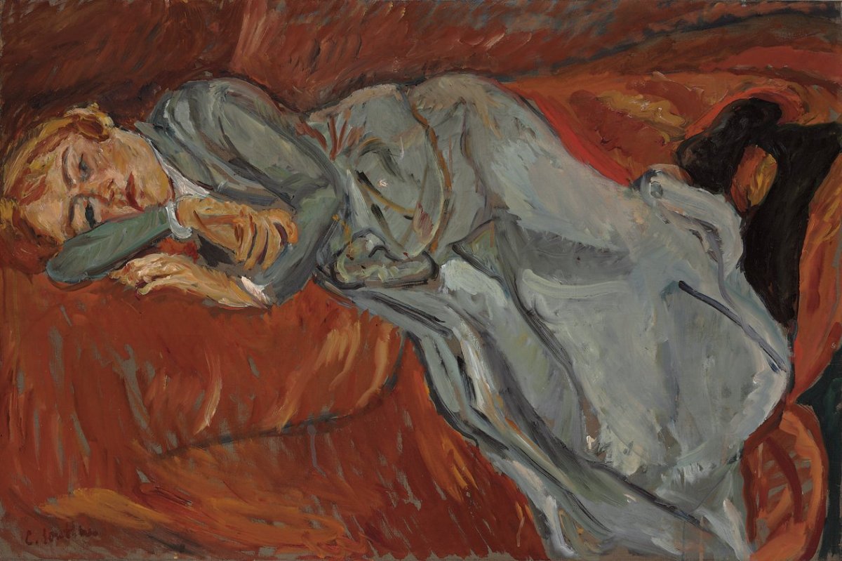 Femme couchée sur un divan rouge, environ 1916