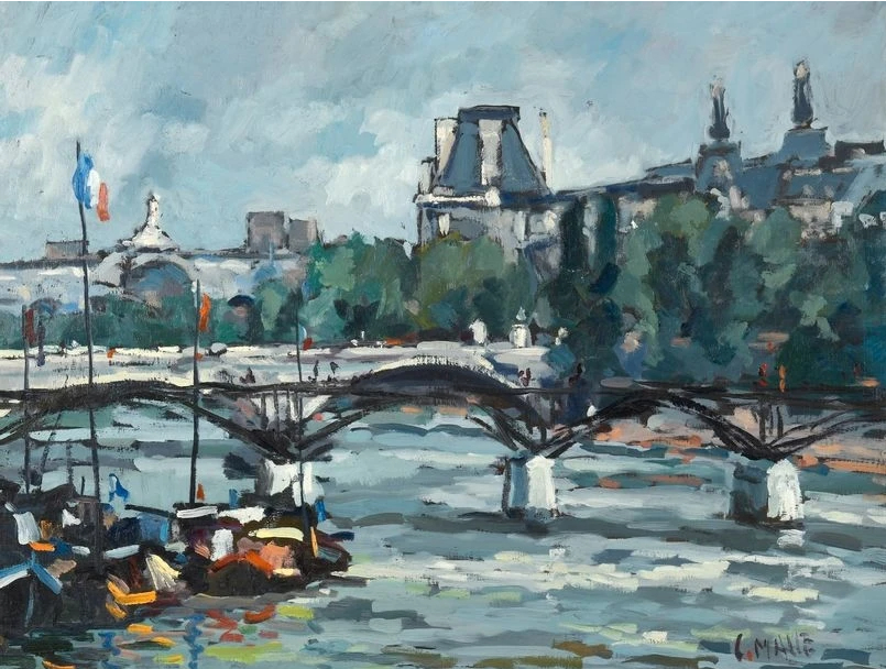 Paris, péniches pavoisées à la passerelle des Arts