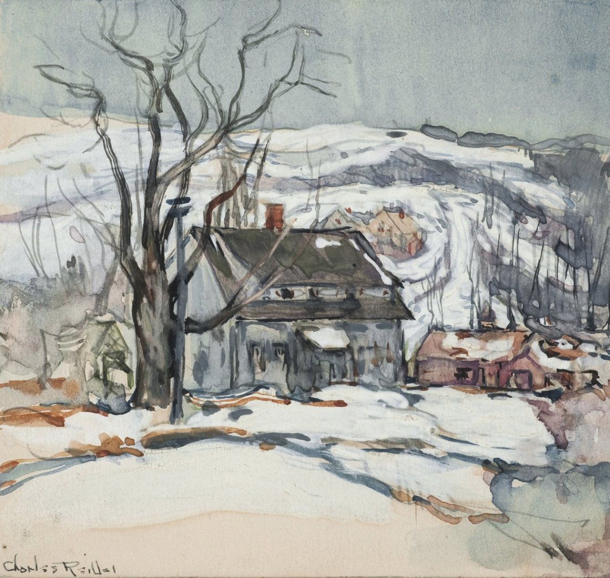 Maison et arbre en hiver