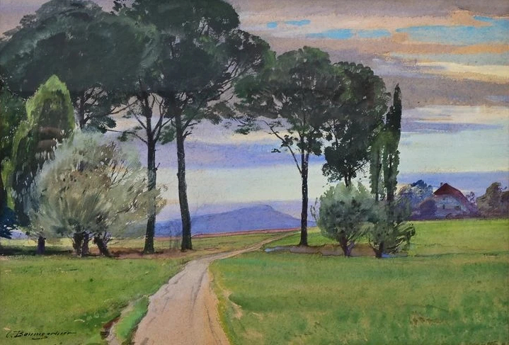 Chemin idyllique avec vue sur le village et les montagnes