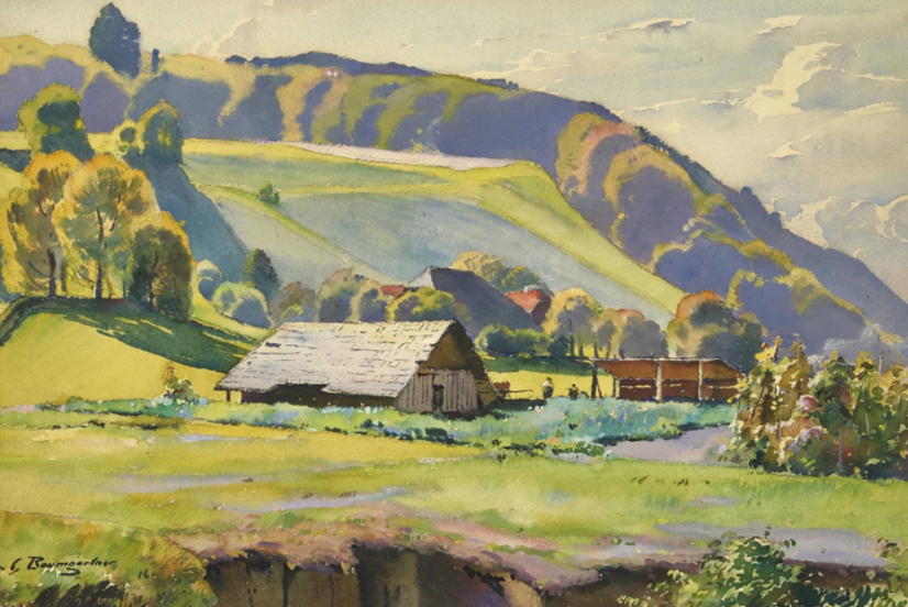 Paysage de montagne estival avec ferme