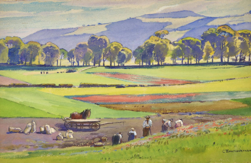 Paysage estival de champs avec des paysans en train de récolter