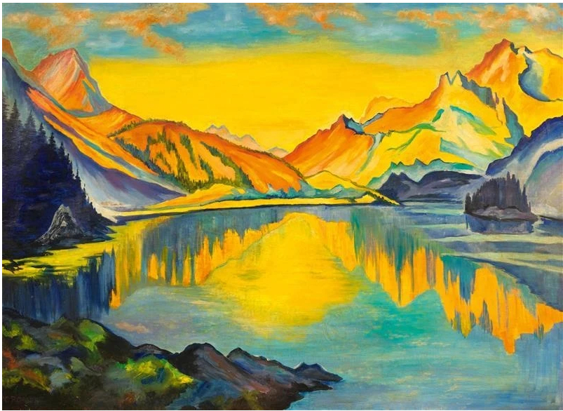 Coucher de soleil sur le lac Silser en direction de Maloja