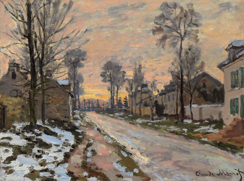 Rue de Louveciennes, neige fondante, coucher de soleil, vers 1869-70 