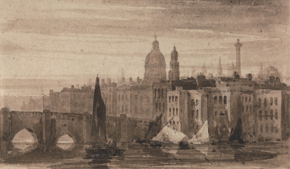 Vieux pont de Londres et cathédrale Saint-Paul depuis la Tamise (vers 1808)