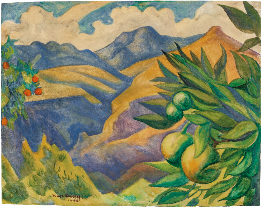 Paysage avec montagnes et arbres fruitiers, 1948