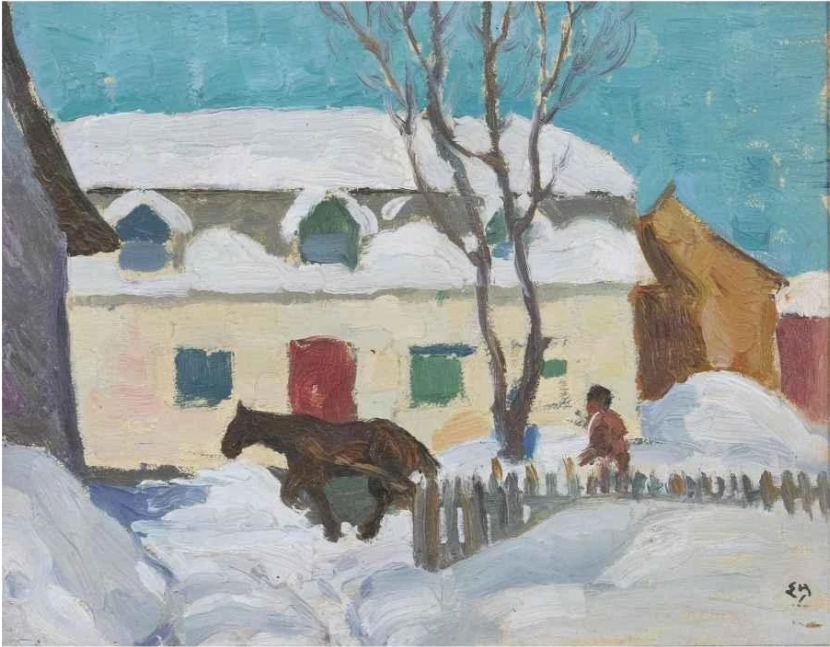 Scène de neige hivernale, ferme québécoise