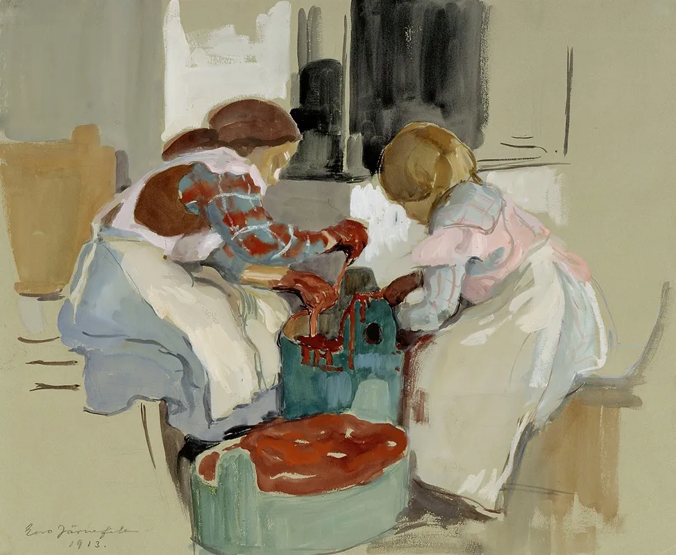 Deux jeunes filles teignant du tissu (1913)