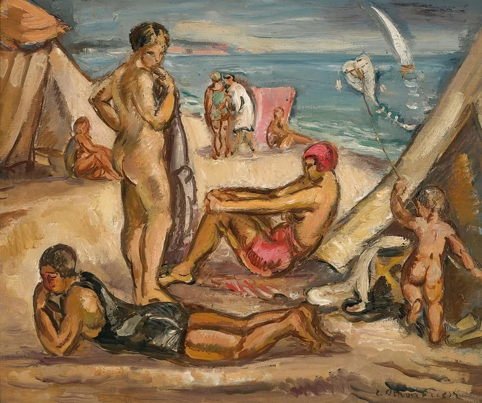 Scène animée, baigneuses, le cerf-volant