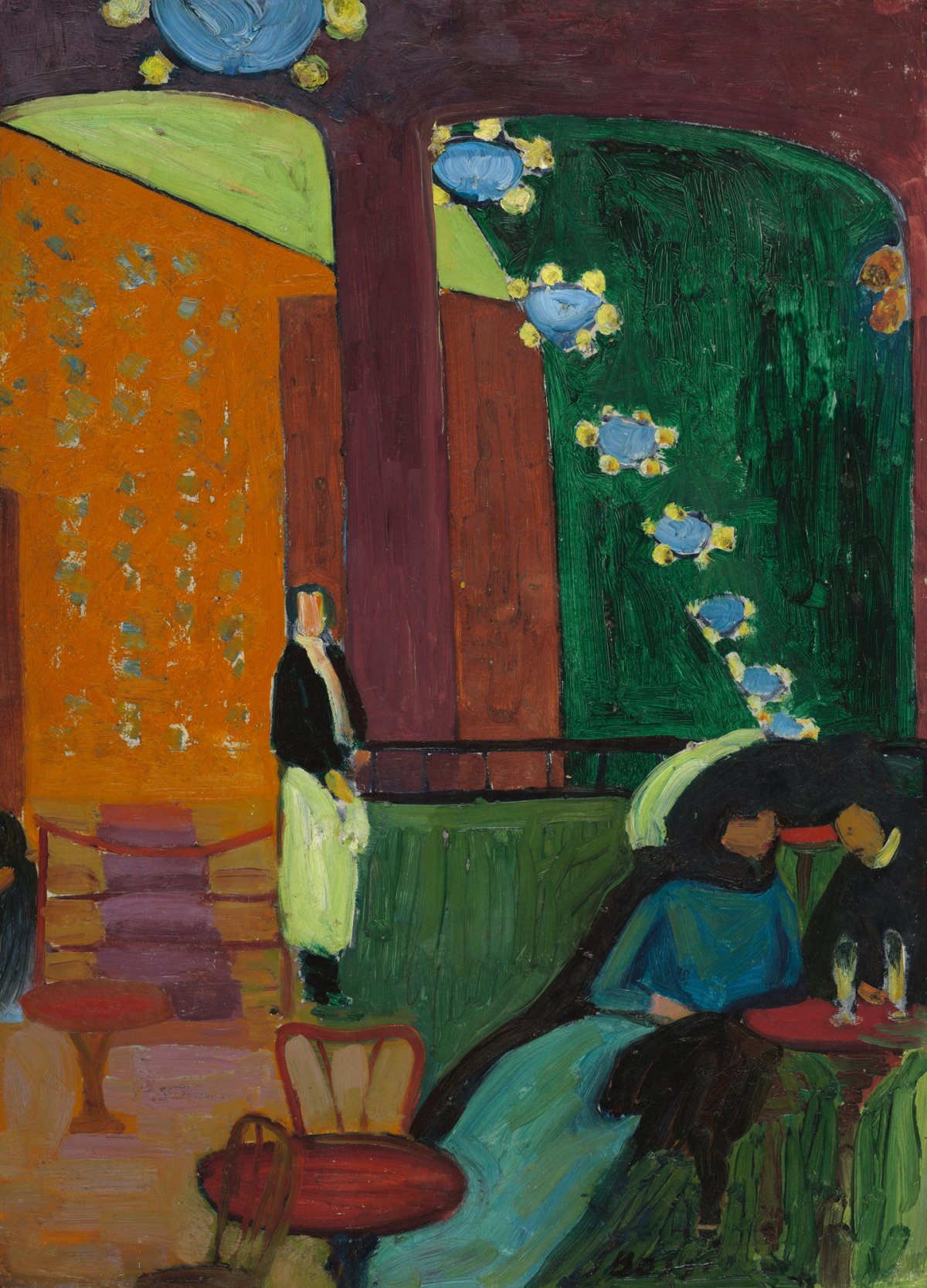 Intérieur avec trois personnages dans le café