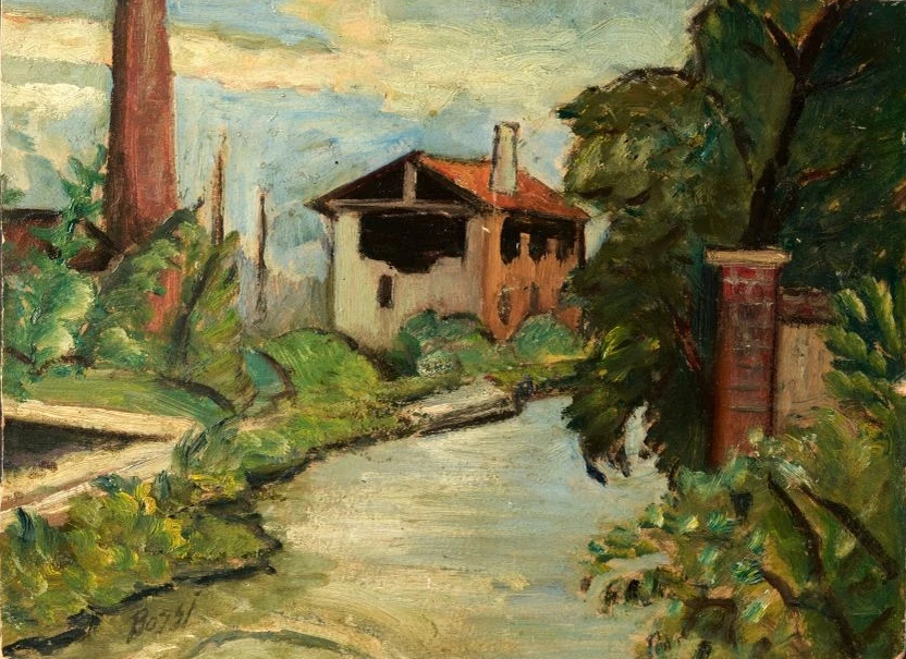 Usine au bord du canal. Huile sur carte signée en bas à gauche, datée 1935