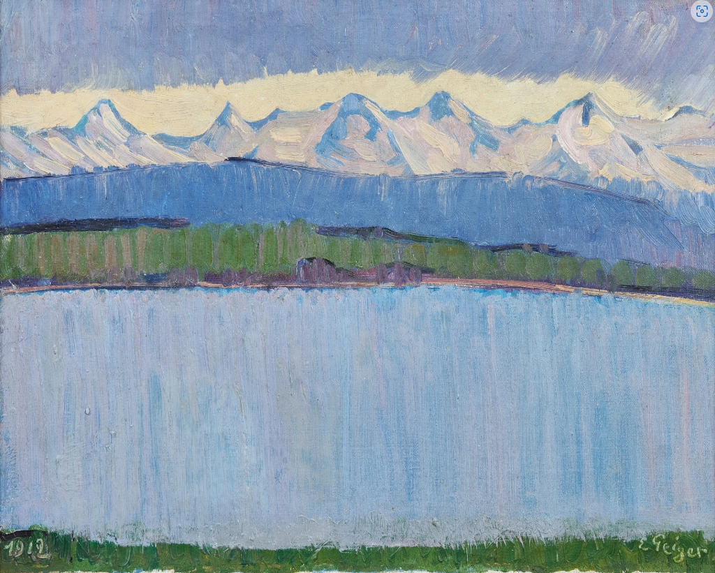 Lac de Bienne avec vue sur les Alpes bernoises avec l'Eiger, le Mönch et la Jungfrau, 1912