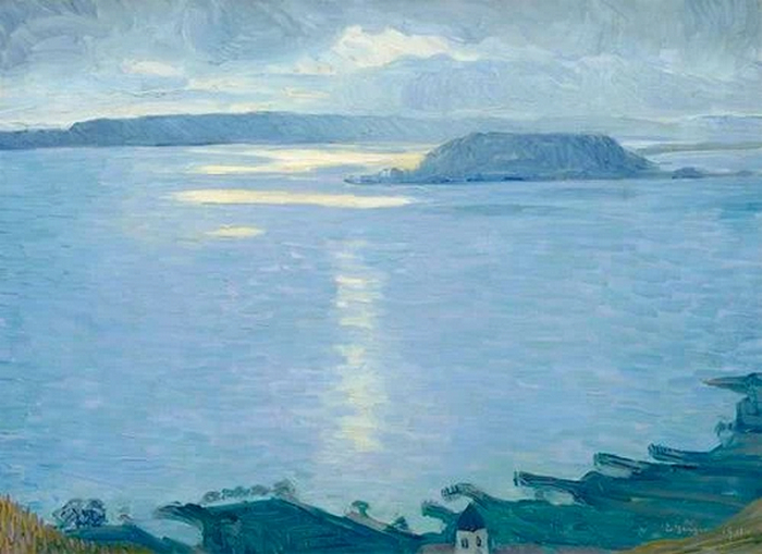 Vue sur le clocher de l'église de Douanne et sur l'île Saint-Pierre, 1911