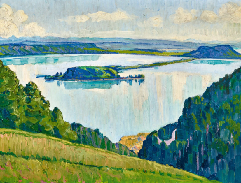 Vue sur le lac de Bienne avec l'île Saint-Pierre, 1913