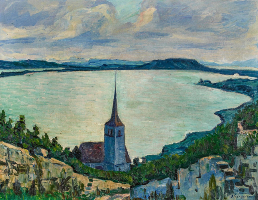 Vue sur l'église de Gléresse et le lac de Bienne, 1919