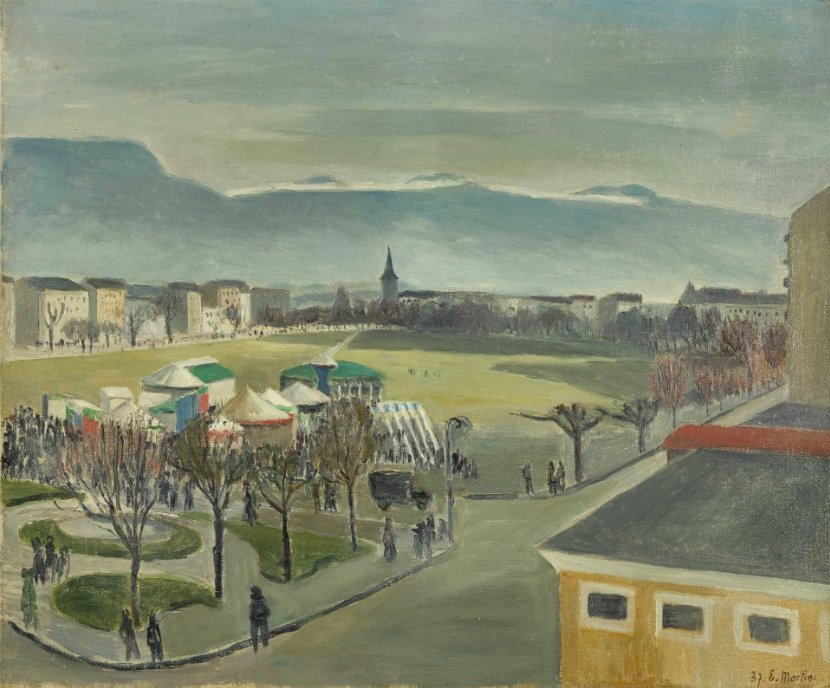 Plaine de Plainpalais et carrousels sur fond de Salève (Genève), 1937