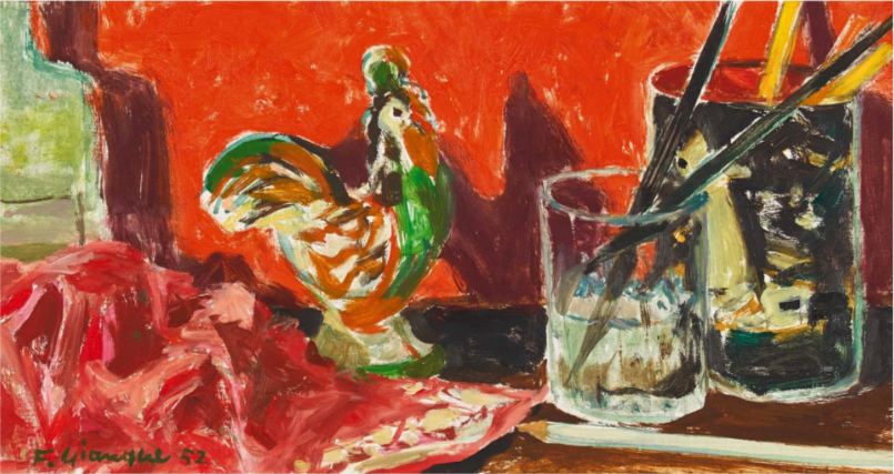 Nature morte avec ustensiles de peinture et sculpture de coq, 1952