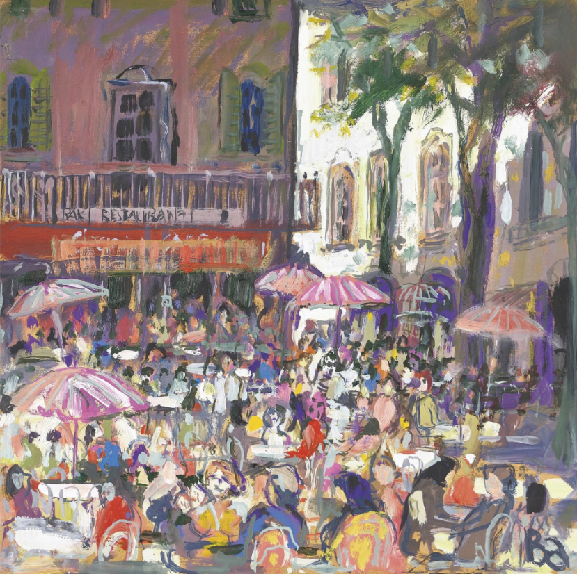 Place estivale avec cafés